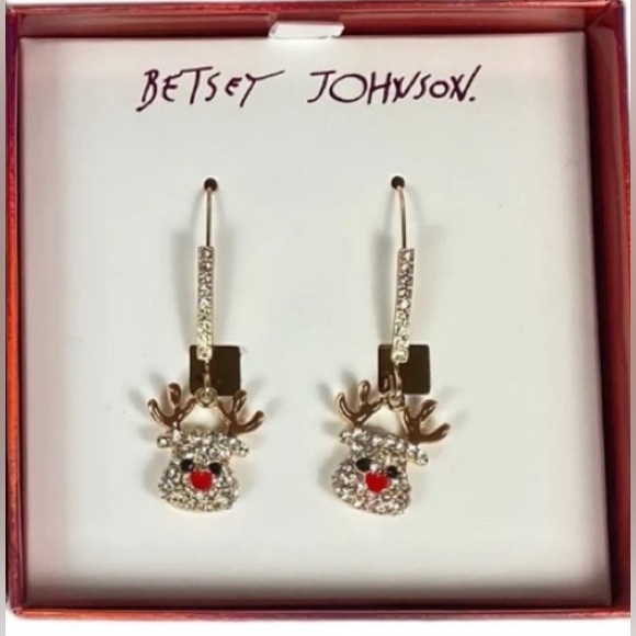Betsey Johnson Earrings Reindeer Rhinestone Dangle New - Picture 7 of 16